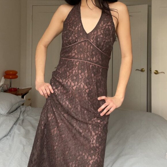 Vintage Brown Lace Halter Top Midi  Dress - Picture 1 of 9